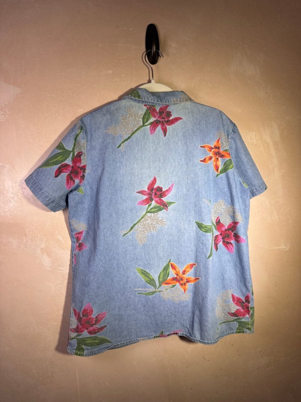 Tropical Floral Chambray Denim Camp Shirt Boxy M - Picture 10 of 11